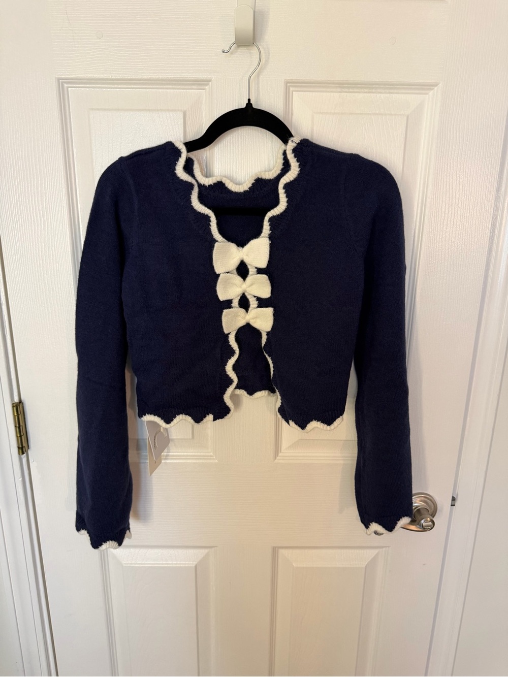 Navy Bow-Front Cropped Sweater Cardigan